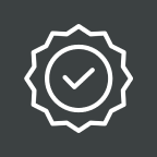 White checkmark inside a badge icon on dark background.