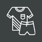 Icon of a t-shirt and shorts set in white on a dark background.